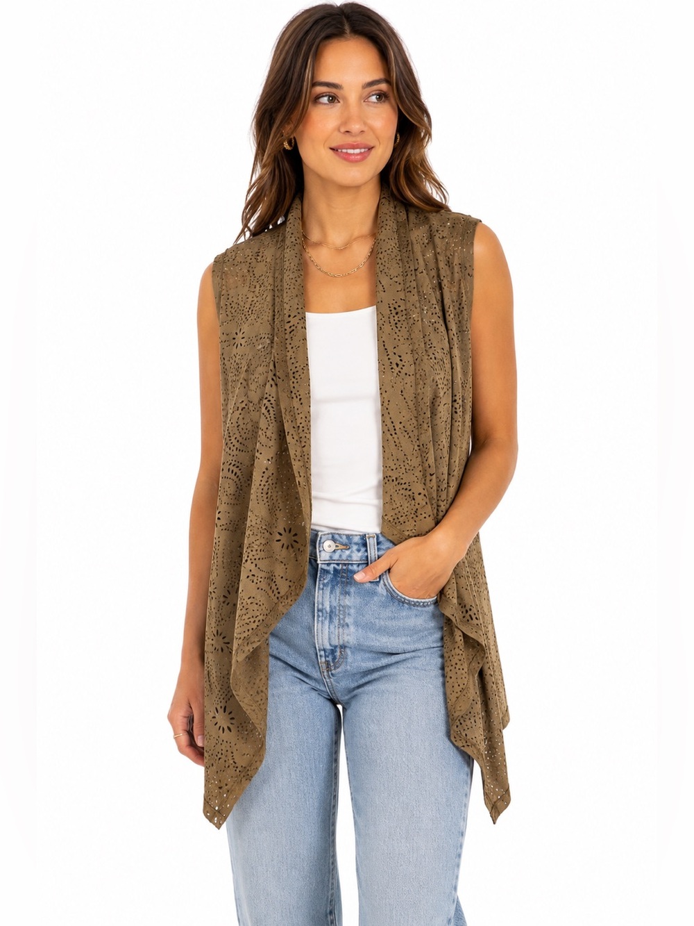 INC International Concepts Vakko Faux Suede Laser Cut Draped Vest M Brown Boho